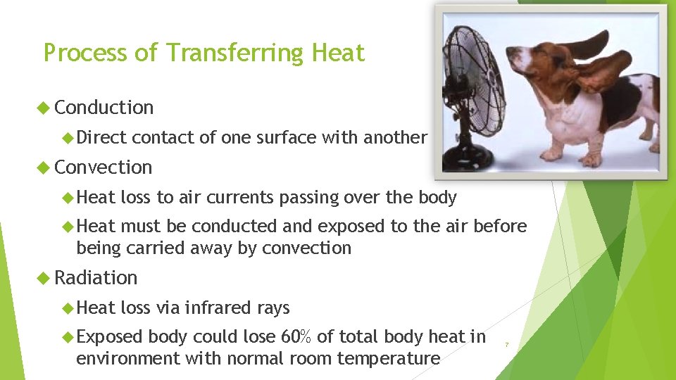 Process of Transferring Heat Conduction Direct contact of one surface with another Convection Heat