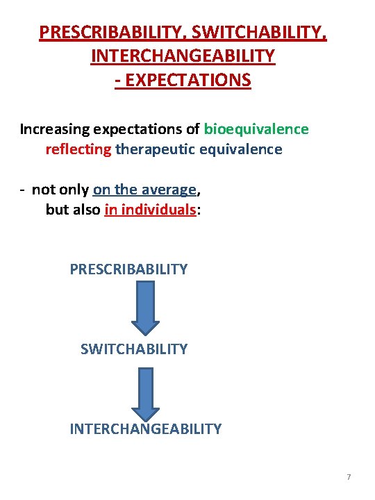 PRESCRIBABILITY, SWITCHABILITY, INTERCHANGEABILITY - EXPECTATIONS Increasing expectations of bioequivalence reflecting therapeutic equivalence - not