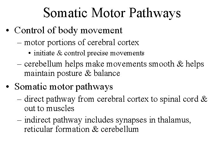 Somatic Motor Pathways • Control of body movement – motor portions of cerebral cortex