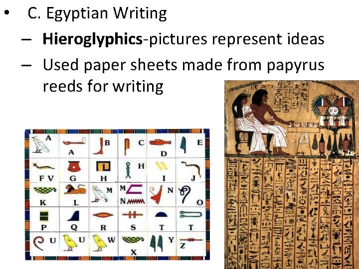  • C. Egyptian Writing – Hieroglyphics pictures represent ideas – Used paper sheets