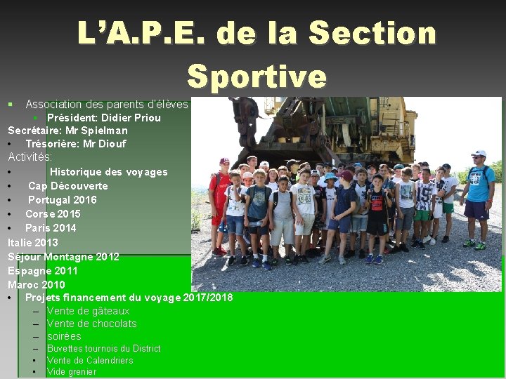 L’A. P. E. de la Section Sportive Association des parents d’élèves Président: Didier Priou