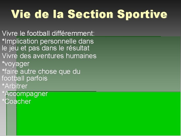 Vie de la Section Sportive Vivre le football différemment: *Implication personnelle dans le jeu
