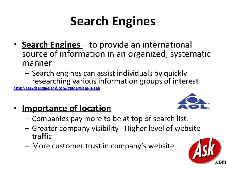 Search Engines • Search Engines – to provide an international source of information in Search Engines • Search Engines – to provide an international source of information in
