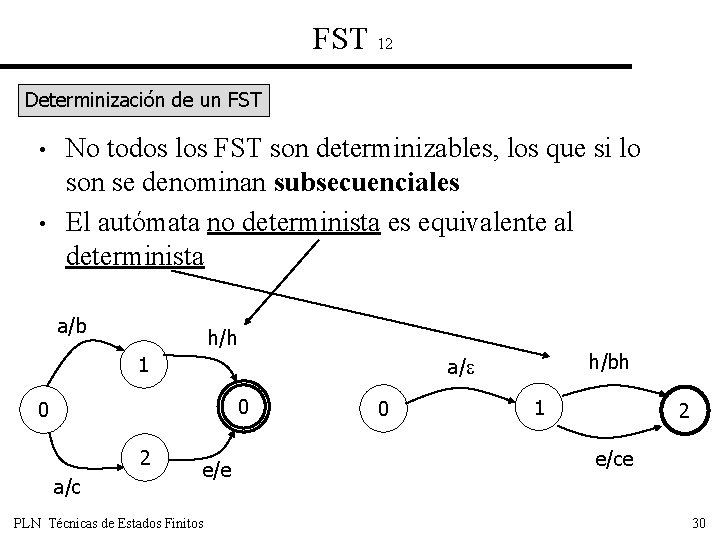 FST 12 Determinización de un FST • • No todos los FST son determinizables,