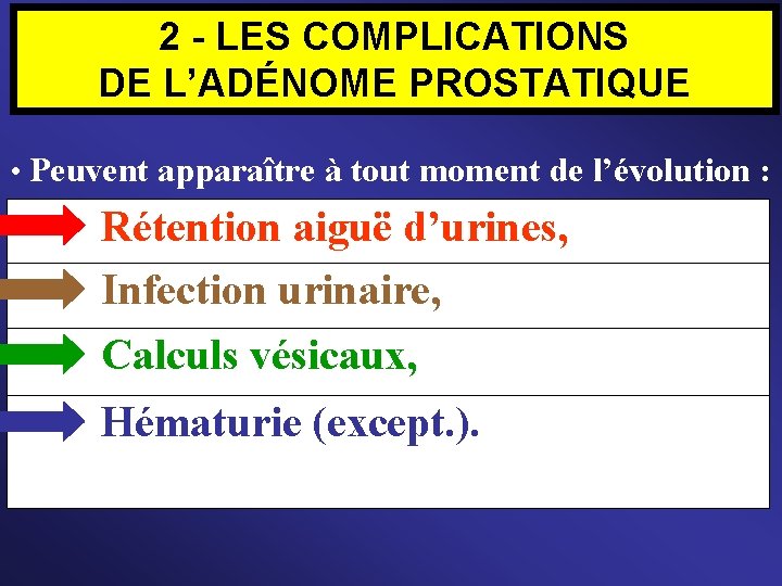 2 - LES COMPLICATIONS DE L’ADÉNOME PROSTATIQUE • Peuvent apparaître à tout moment de