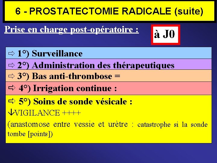 6 - PROSTATECTOMIE RADICALE (suite) Prise en charge post-opératoire : à J 0 1°)