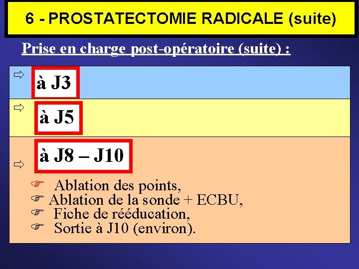 6 - PROSTATECTOMIE RADICALE (suite) Prise en charge post-opératoire (suite) : à J 3
