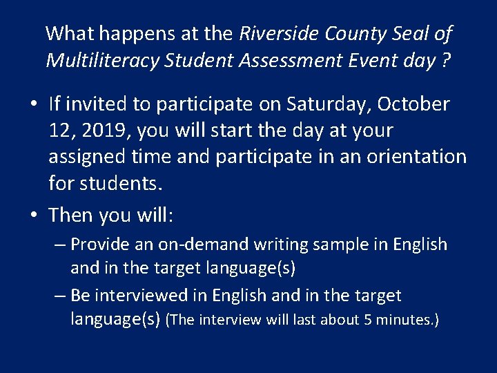 What happens at the Riverside County Seal of Multiliteracy Student Assessment Event day ?