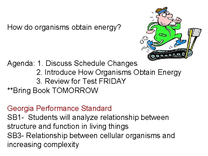 How do organisms obtain energy? Agenda: 1. Discuss Schedule Changes 2. Introduce How Organisms