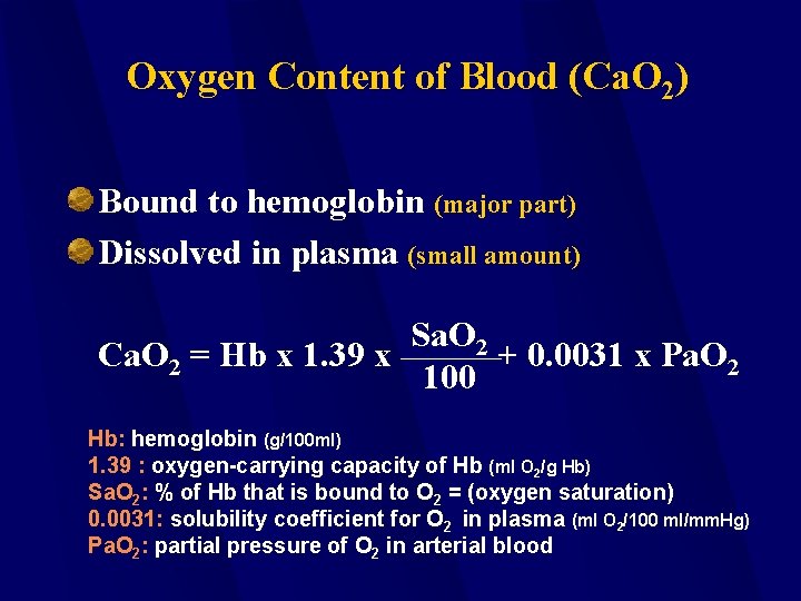 Oxygen Content of Blood (Ca. O 2) Bound to hemoglobin (major part) Dissolved in