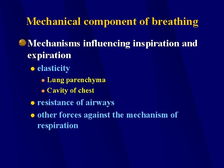 Mechanical component of breathing Mechanisms influencing inspiration and expiration l elasticity Lung parenchyma l