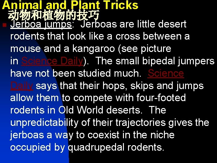 Animal and Plant Tricks 动物和植物的技巧 n Jerboa jumps: Jerboas are little desert rodents that