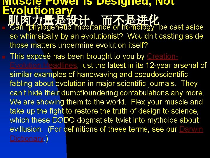 Muscle Power Is Designed, Not Evolutionary 肌肉力量是设计，而不是进化 n Can “phylogenetic importance or homology” be