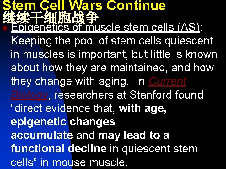 Stem Cell Wars Continue 继续干细胞战争 n Epigenetics of muscle stem cells (AS): Keeping the