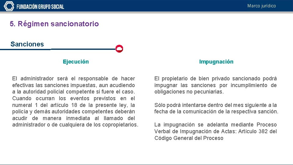 Marco jurídico 5. Régimen sancionatorio Sanciones Ejecución Impugnación El administrador será el responsable de