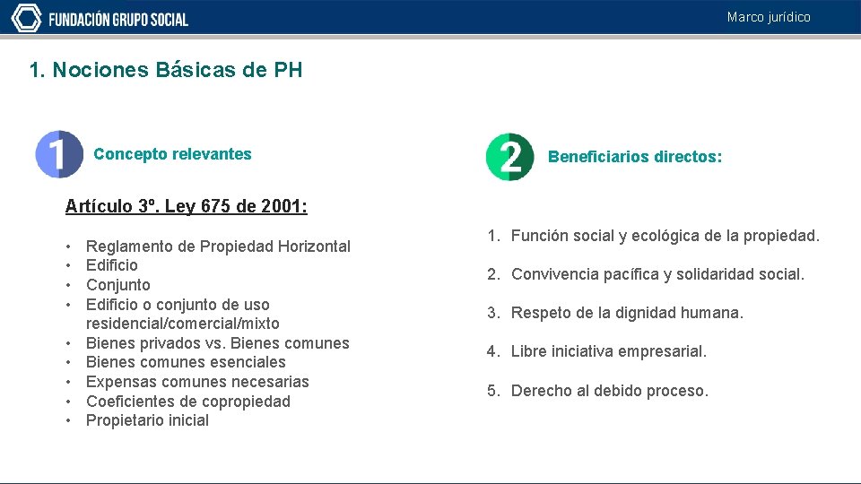 Marco jurídico 1. Nociones Básicas de PH Concepto relevantes Beneficiarios directos: Artículo 3º. Ley