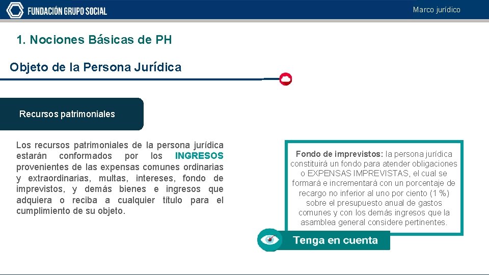 Marco jurídico 1. Nociones Básicas de PH Objeto de la Persona Jurídica Recursos patrimoniales