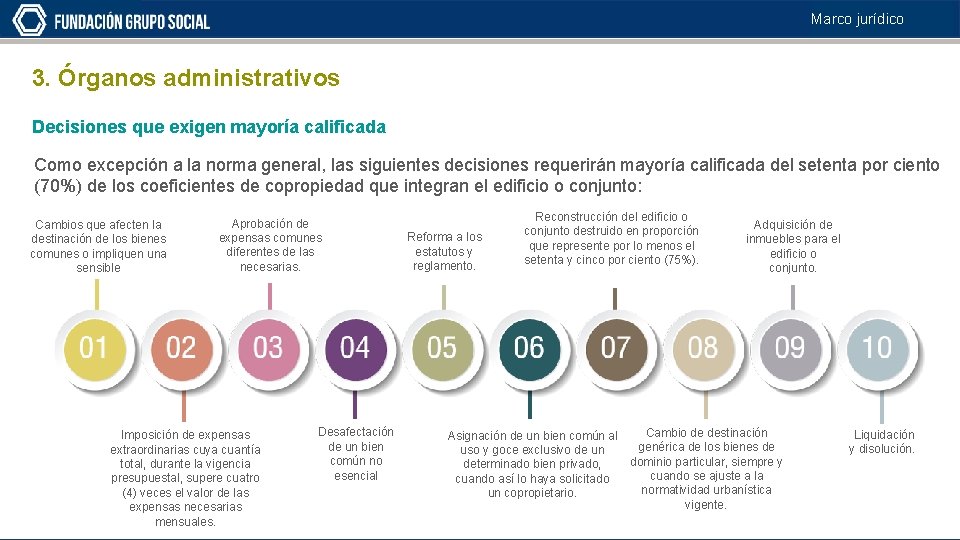 Marco jurídico 3. Órganos administrativos Decisiones que exigen mayoría calificada Como excepción a la