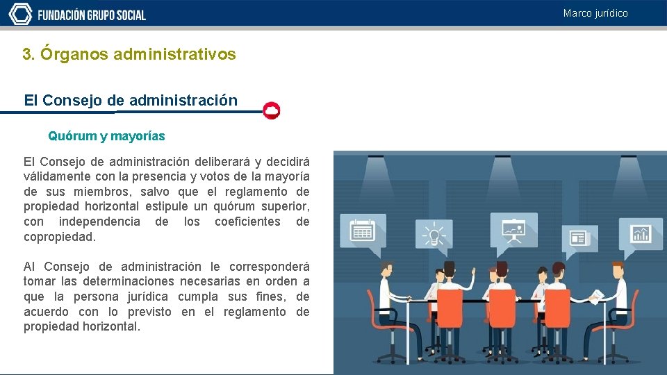 Marco jurídico 3. Órganos administrativos El Consejo de administración Quórum y mayorías El Consejo