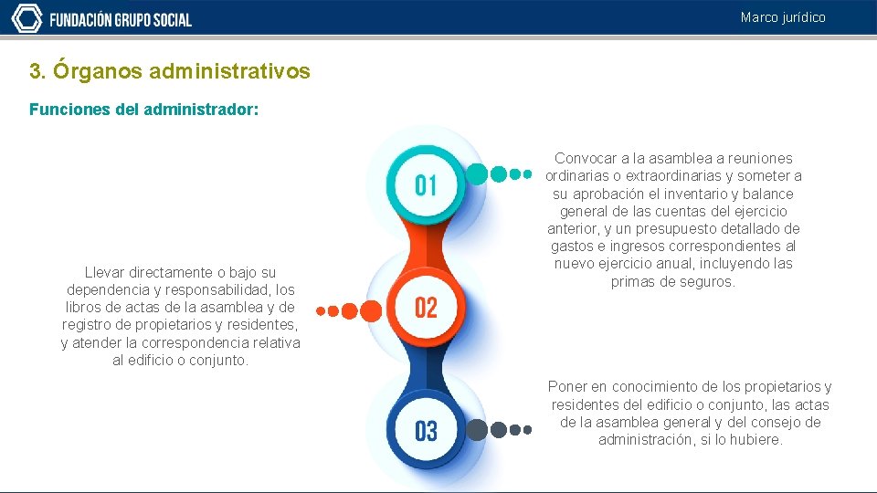Marco jurídico 3. Órganos administrativos Funciones del administrador: Llevar directamente o bajo su dependencia