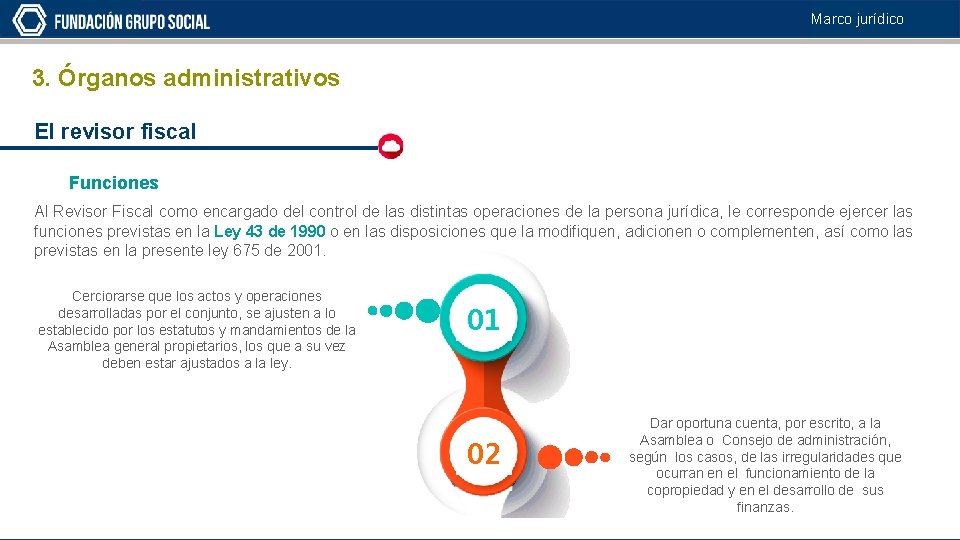 Marco jurídico 3. Órganos administrativos El revisor fiscal Funciones Al Revisor Fiscal como encargado