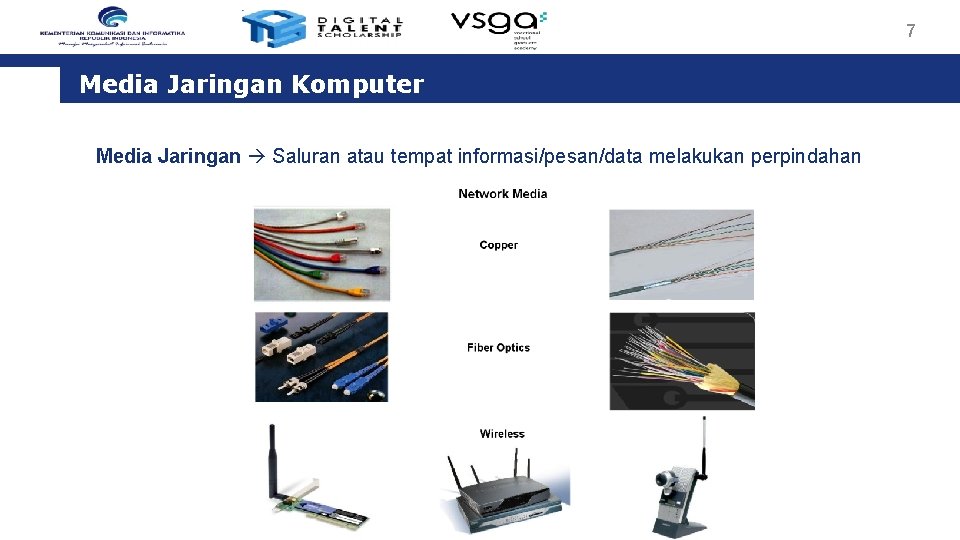 7 Media Jaringan Komputer Media Jaringan Saluran atau tempat informasi/pesan/data melakukan perpindahan 