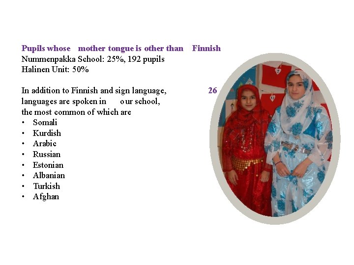 Pupils whose mother tongue is other than Finnish Nummenpakka School: 25%, 192 pupils Halinen