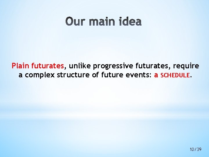 Plain futurates, unlike progressive futurates, require a complex structure of future events: a SCHEDULE. Plain futurates, unlike progressive futurates, require a complex structure of future events: a SCHEDULE.
