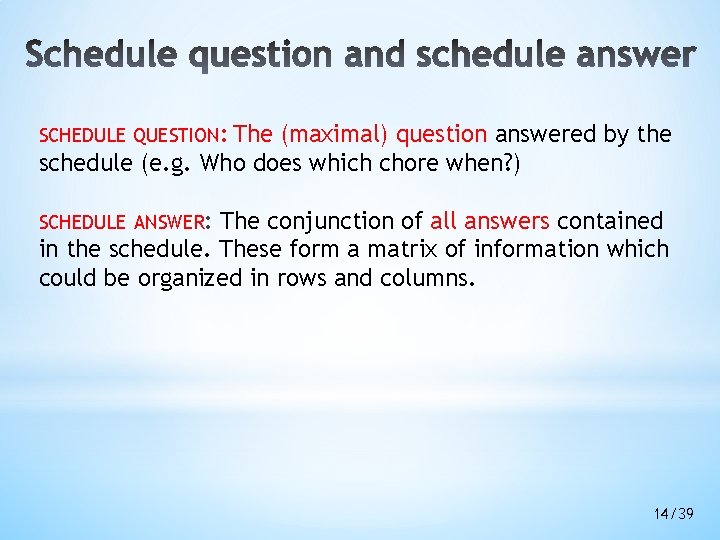 SCHEDULE QUESTION: The (maximal) question answered by the schedule (e. g. Who does which SCHEDULE QUESTION: The (maximal) question answered by the schedule (e. g. Who does which