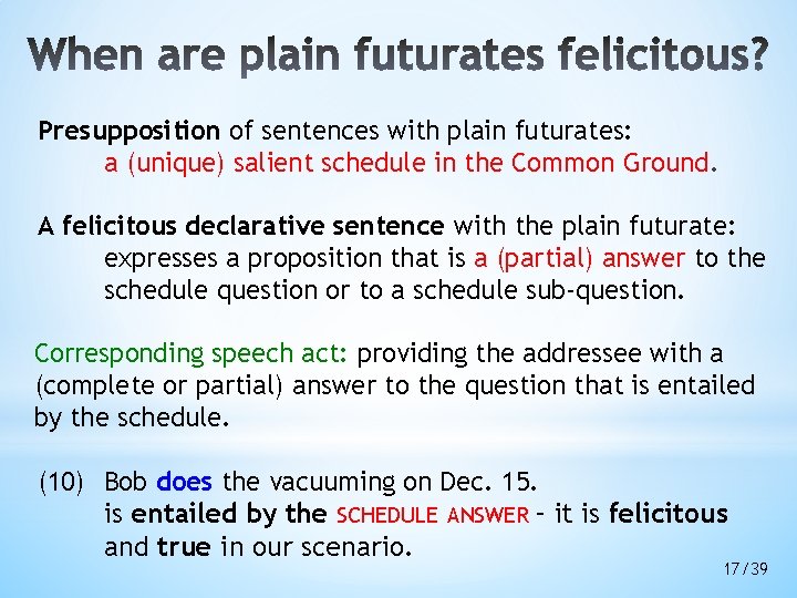 Presupposition of sentences with plain futurates: a (unique) salient schedule in the Common Ground. Presupposition of sentences with plain futurates: a (unique) salient schedule in the Common Ground.