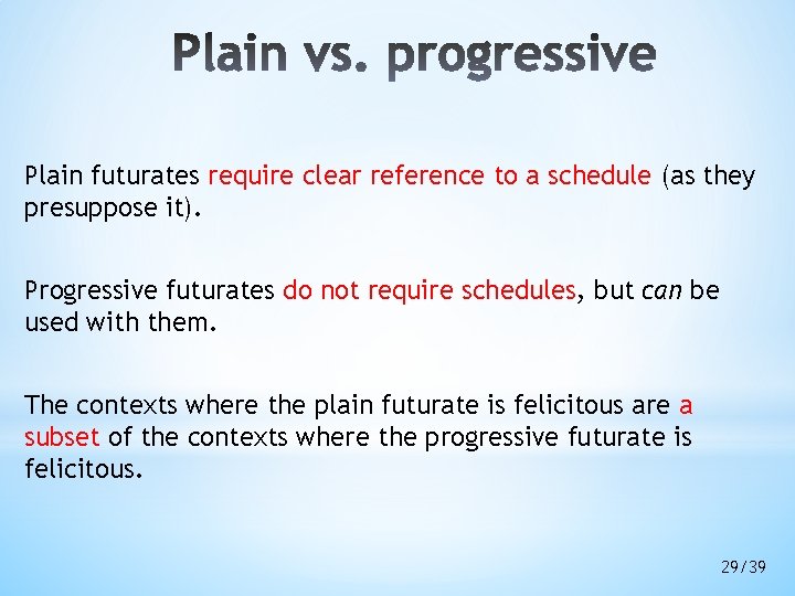 Plain futurates require clear reference to a schedule (as they presuppose it). Progressive futurates Plain futurates require clear reference to a schedule (as they presuppose it). Progressive futurates