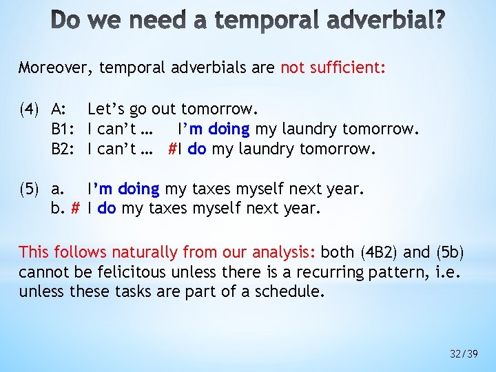 Moreover, temporal adverbials are not sufficient: (4) A: Let’s go out tomorrow. B 1: Moreover, temporal adverbials are not sufficient: (4) A: Let’s go out tomorrow. B 1: