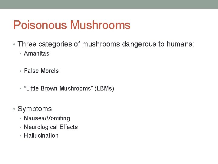 Poisonous Mushrooms • Three categories of mushrooms dangerous to humans: • Amanitas • False Poisonous Mushrooms • Three categories of mushrooms dangerous to humans: • Amanitas • False