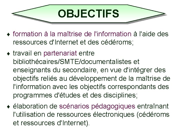 OBJECTIFS ¨ formation à la maîtrise de l'information à l'aide des ressources d'Internet et