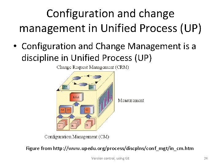 Configuration and change management in Unified Process (UP) • Configuration and Change Management is