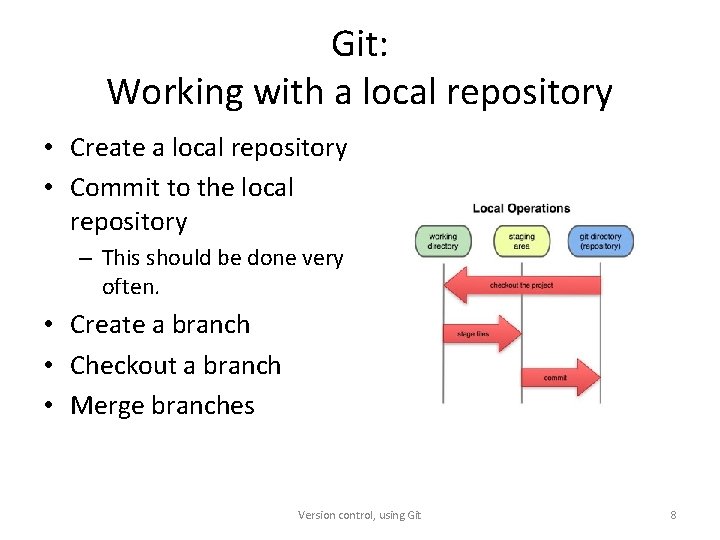 Git: Working with a local repository • Create a local repository • Commit to