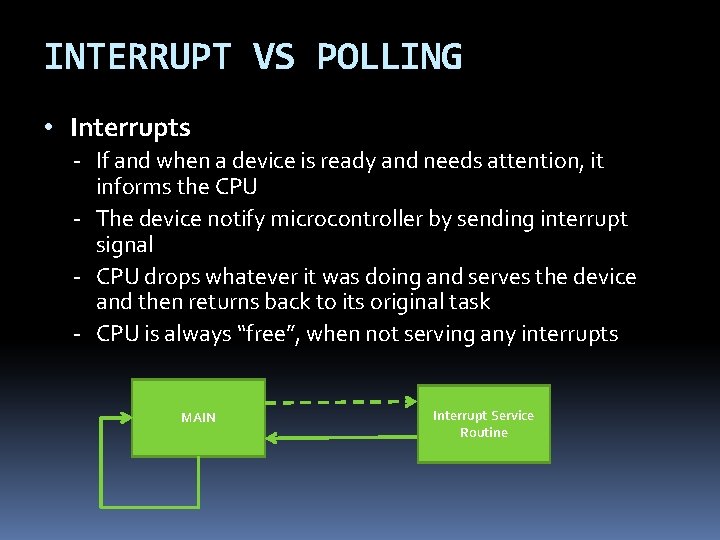 INTERRUPT VS POLLING • Interrupts - If and when a device is ready and