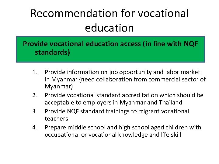 Recommendation for vocational education Provide vocational education access (in line with NQF standards) 1.