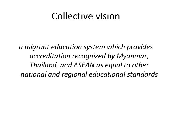 Collective vision a migrant education system which provides accreditation recognized by Myanmar, Thailand, and