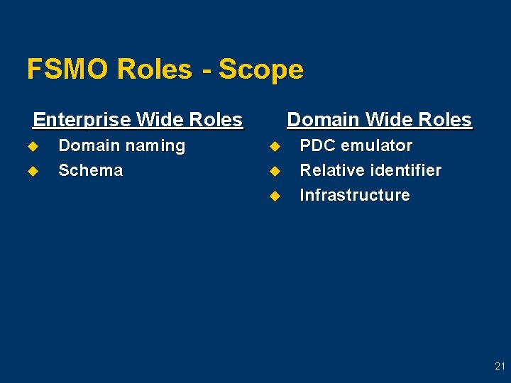 FSMO Roles - Scope Enterprise Wide Roles u u Domain naming Schema Domain Wide FSMO Roles - Scope Enterprise Wide Roles u u Domain naming Schema Domain Wide