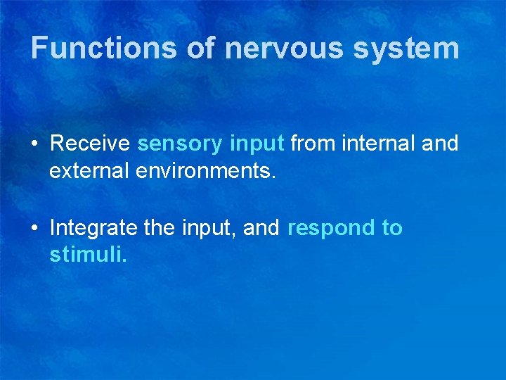 Functions of nervous system • Receive sensory input from internal and external environments. •