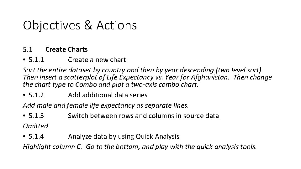 Objectives & Actions 5. 1 Create Charts • 5. 1. 1 Create a new