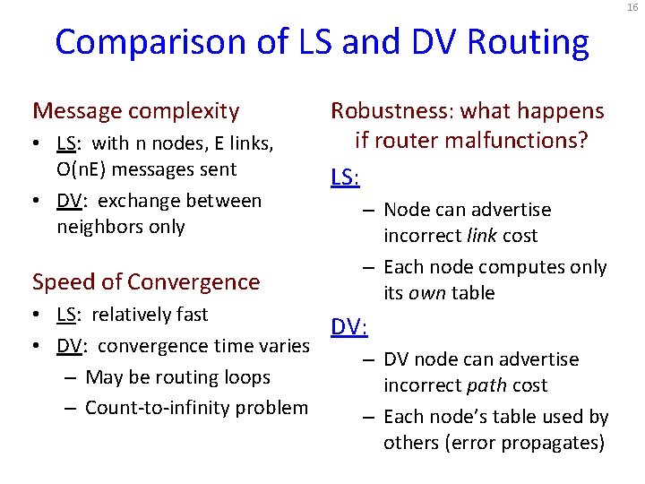 16 Comparison of LS and DV Routing Message complexity • LS: with n nodes, 16 Comparison of LS and DV Routing Message complexity • LS: with n nodes,