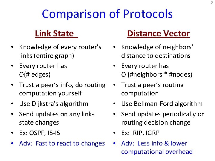 5 Comparison of Protocols Link State • Knowledge of every router’s links (entire graph) 5 Comparison of Protocols Link State • Knowledge of every router’s links (entire graph)