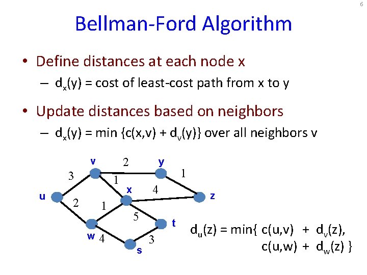 6 Bellman-Ford Algorithm • Define distances at each node x – dx(y) = cost 6 Bellman-Ford Algorithm • Define distances at each node x – dx(y) = cost