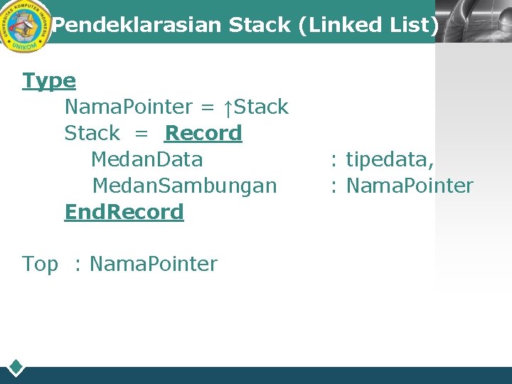 Pendeklarasian Stack (Linked List) Type Nama. Pointer = ↑Stack = Record Medan. Data Medan.