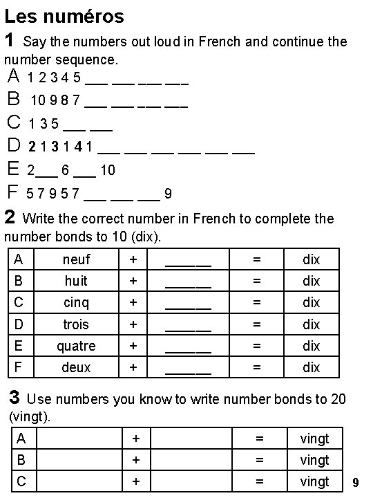 Les numéros 1 Say the numbers out loud in French and continue the number