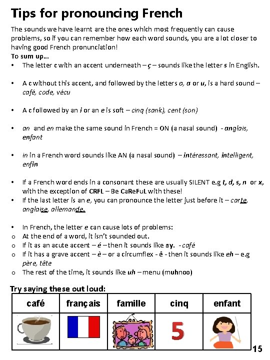 Tips for pronouncing French The sounds we have learnt are the ones which most