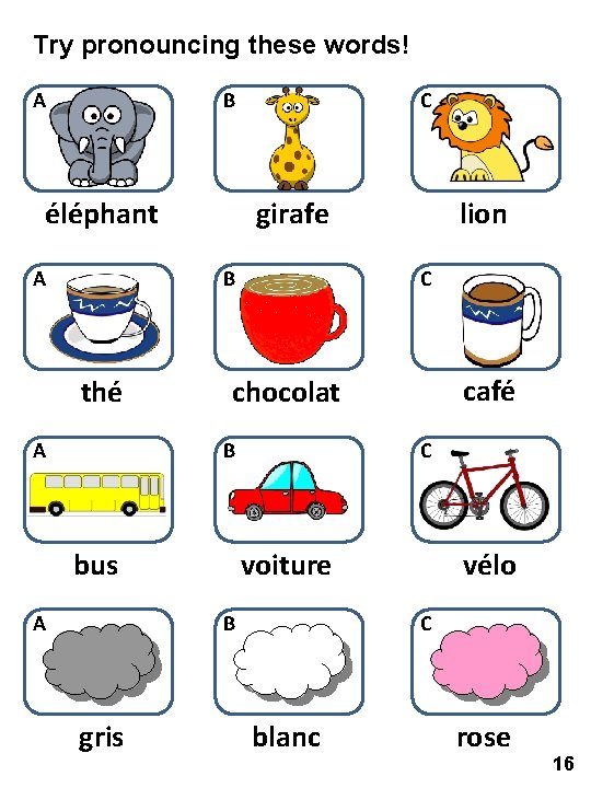 Try pronouncing these words! A B éléphant A C girafe B thé A C