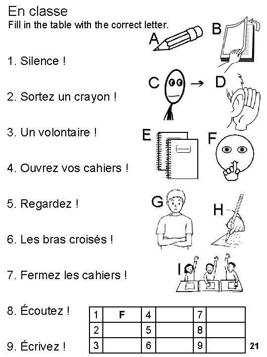 En classe Fill in the table with the correct letter. B A 1. Silence